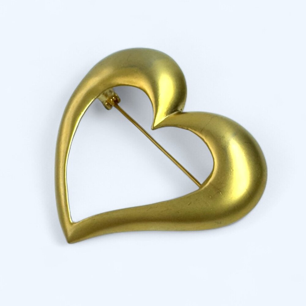 Vintage Brushed Gold Tone Open Heart Shaped Brooch Love